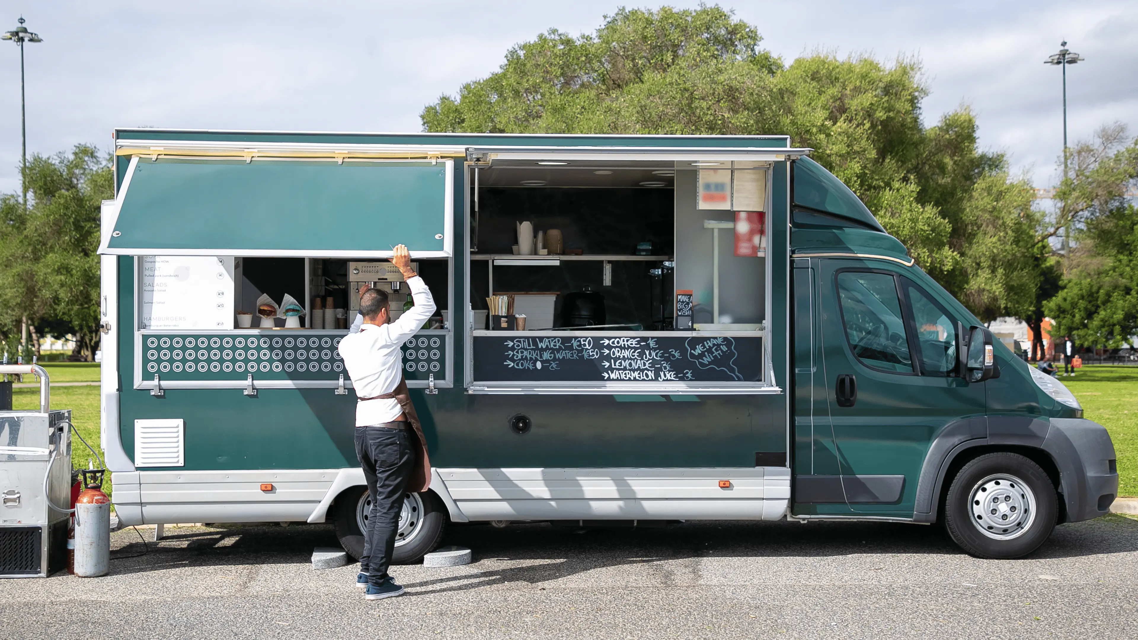 Professional commercial kitchen with food trucks